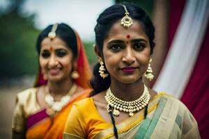 dois mulheres dentro tradicional sáris pose para a Câmera. gerado por IA foto