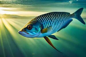 uma peixe natação dentro a oceano com luz solar brilhando através. gerado por IA foto