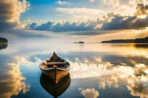 uma barco flutuando em calma água com nuvens refletindo dentro a água. gerado por IA foto