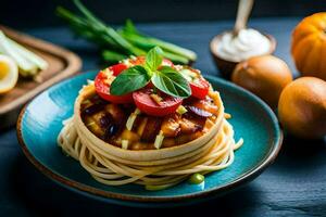 uma prato com espaguete e tomates em isto. gerado por IA foto