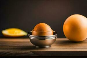 ovos dentro uma cesta em uma de madeira mesa. gerado por IA foto