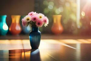 uma vaso com Rosa flores sentado em uma mesa. gerado por IA foto