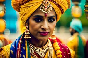 uma mulher vestindo uma colorida turbante e joia. gerado por IA foto