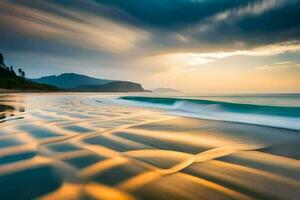 uma de praia com ondas e uma pôr do sol. gerado por IA foto