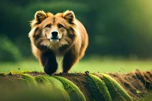 uma Castanho Urso caminhando através uma campo. gerado por IA foto