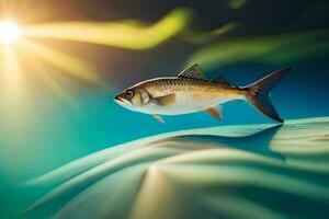 uma peixe natação dentro a oceano com a Sol brilhando. gerado por IA foto