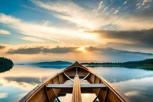 a barco é em a calma água às pôr do sol. gerado por IA foto
