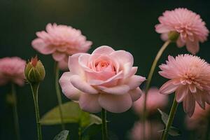 Rosa flores estão dentro flor dentro frente do uma Sombrio fundo. gerado por IA foto