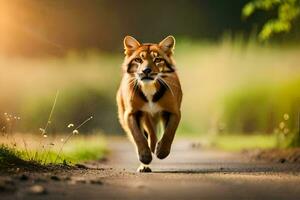 uma Castanho cachorro corrida em uma estrada dentro a luz solar. gerado por IA foto