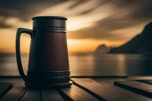 uma café caneca em uma de madeira mesa dentro frente do a oceano. gerado por IA foto