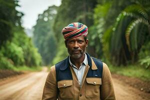 uma homem vestindo uma turbante em uma sujeira estrada. gerado por IA foto