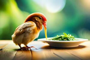 uma frango é comendo a partir de uma prato do Comida. gerado por IA foto