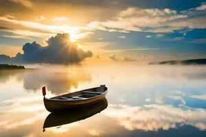 uma barco em uma lago com a Sol brilhando. gerado por IA foto