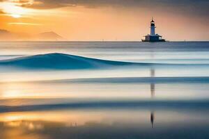 uma farol é visto dentro a distância às pôr do sol. gerado por IA foto