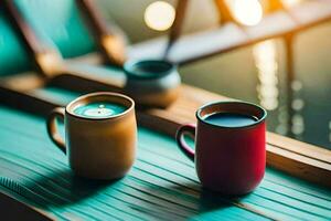dois café copos em uma de madeira mesa. gerado por IA foto