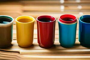 uma linha do colorida copos em uma de madeira mesa. gerado por IA foto