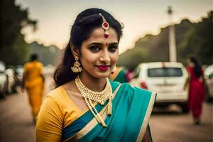 uma lindo mulher dentro uma sari e ouro joia. gerado por IA foto
