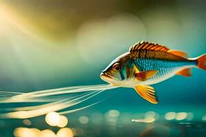 uma peixe é natação dentro a água com uma corda. gerado por IA foto
