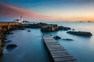 uma cais com pedras e uma farol às pôr do sol. gerado por IA foto