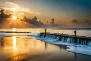 a Sol sobe sobre a oceano e a ondas batida para dentro a costa. gerado por IA foto