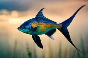 uma peixe com azul e amarelo barbatanas é vôo sobre a água. gerado por IA foto