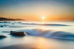 a Sol sobe sobre a oceano dentro isto grandes exposição fotografia. gerado por IA foto