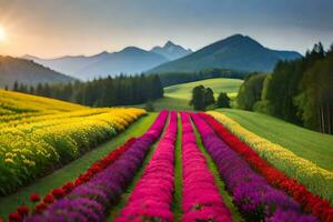 uma campo do colorida flores dentro a montanhas. gerado por IA foto