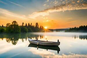 a barco em a lago às nascer do sol. gerado por IA foto