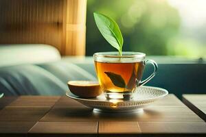 uma copo do chá com uma folha em a lado. gerado por IA foto