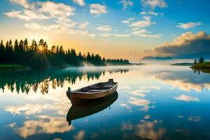 uma barco é flutuando em uma calma lago às nascer do sol. gerado por IA foto