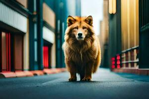 uma cachorro é em pé dentro a meio do a beco. gerado por IA foto