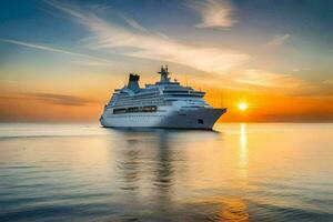 uma cruzeiro navio dentro a oceano às pôr do sol. gerado por IA foto