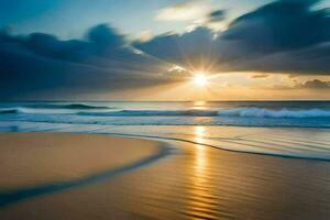a Sol sobe sobre a oceano e ondas em uma de praia. gerado por IA foto
