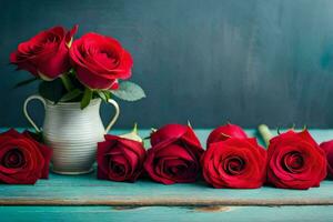 vermelho rosas dentro uma vaso em uma azul mesa. gerado por IA foto