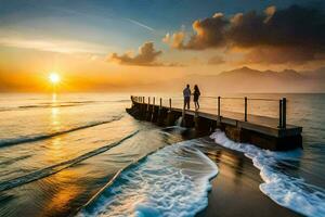 a casal é em pé em a cais às pôr do sol. gerado por IA foto