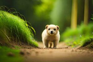 uma cachorro caminhando em uma sujeira estrada dentro a madeiras. gerado por IA foto