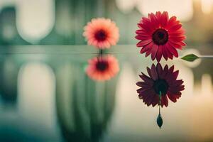 dois vermelho flores estão refletido dentro a água. gerado por IA foto