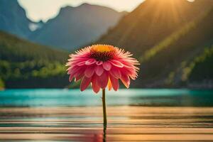 uma Rosa flor carrinhos dentro a meio do uma lago. gerado por IA foto