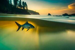 uma peixe natação dentro a oceano às pôr do sol. gerado por IA foto