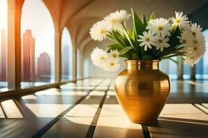 uma dourado vaso com branco flores em uma mesa. gerado por IA foto