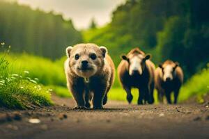 três pequeno animais caminhando baixa uma estrada. gerado por IA foto