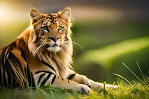 uma tigre sentado dentro a grama. gerado por IA foto