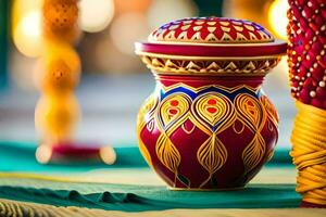 uma colorida vaso sentado em uma mesa com uma vela. gerado por IA foto