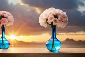 dois vasos com Rosa rosas em uma mesa dentro frente do a pôr do sol. gerado por IA foto