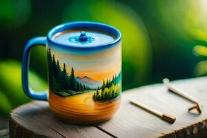 uma café caneca com uma pintura do uma montanha cena. gerado por IA foto