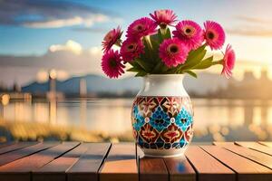 uma vaso com Rosa flores sentado em uma de madeira mesa. gerado por IA foto