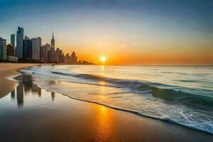 a Sol sobe sobre a cidade Horizonte dentro dubai. gerado por IA foto