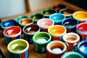 uma mesa cheio do colorida copos com diferente cores. gerado por IA foto