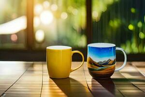 dois café canecas sentado em uma mesa com uma janela dentro a fundo. gerado por IA foto