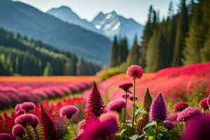 a flores dentro a campo estão Rosa e a montanhas estão dentro a fundo. gerado por IA foto